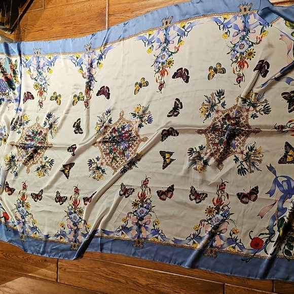 Floral and Butterfly Silk Print Scarf with Blue Border - Picture 4 of 5